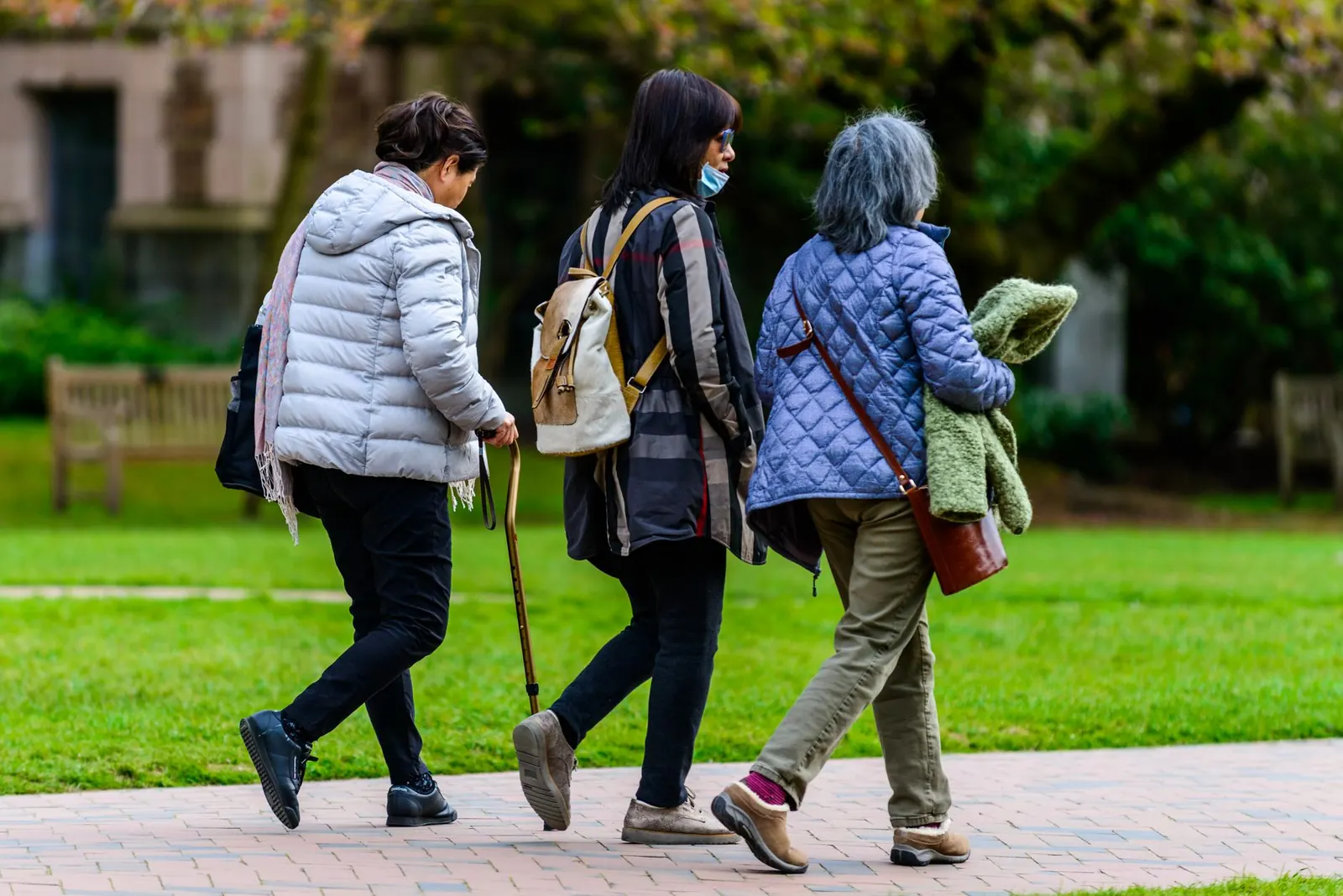 Drei Frauen gehen gemeinsam auf einem Weg durch einen gr&uuml;nen Park.