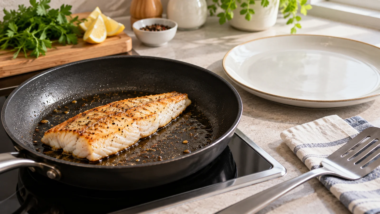 Ein gebratenes Fischfilet liegt in einer Pfanne auf einer sauberen K&uuml;chenarbeitsfl&auml;che