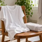 Ein helles T-Shirt und ein Handtuch auf einem Holzstuhl im Badezimmer