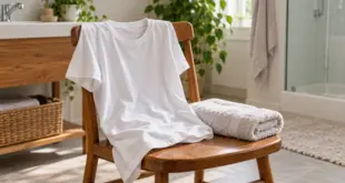 Ein helles T-Shirt und ein Handtuch auf einem Holzstuhl im Badezimmer