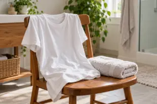 Ein helles T-Shirt und ein Handtuch auf einem Holzstuhl im Badezimmer