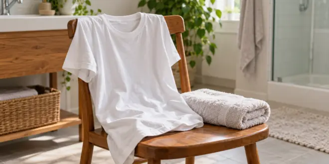 Ein helles T-Shirt und ein Handtuch auf einem Holzstuhl im Badezimmer