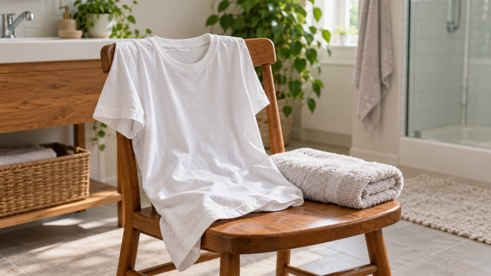 Ein helles T-Shirt und ein Handtuch auf einem Holzstuhl im Badezimmer