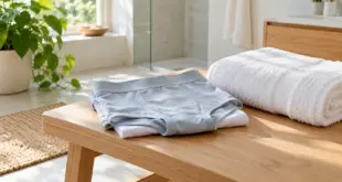 Gefaltete Unterwäsche und ein Handtuch auf einer Holzbank