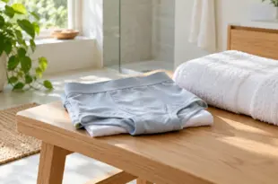 Gefaltete Unterwäsche und ein Handtuch auf einer Holzbank
