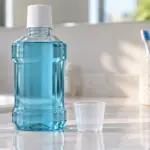 Eine unbeschriftete Flasche mit blauer Flüssigkeit und ein Messbecher auf einer Badezimmerablage