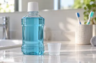 Eine unbeschriftete Flasche mit blauer Flüssigkeit und ein Messbecher auf einer Badezimmerablage