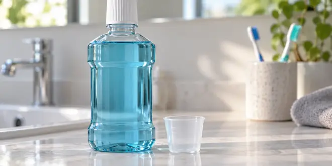 Eine unbeschriftete Flasche mit blauer Flüssigkeit und ein Messbecher auf einer Badezimmerablage