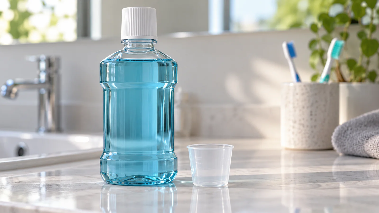 Eine unbeschriftete Flasche mit blauer Flüssigkeit und ein Messbecher auf einer Badezimmerablage