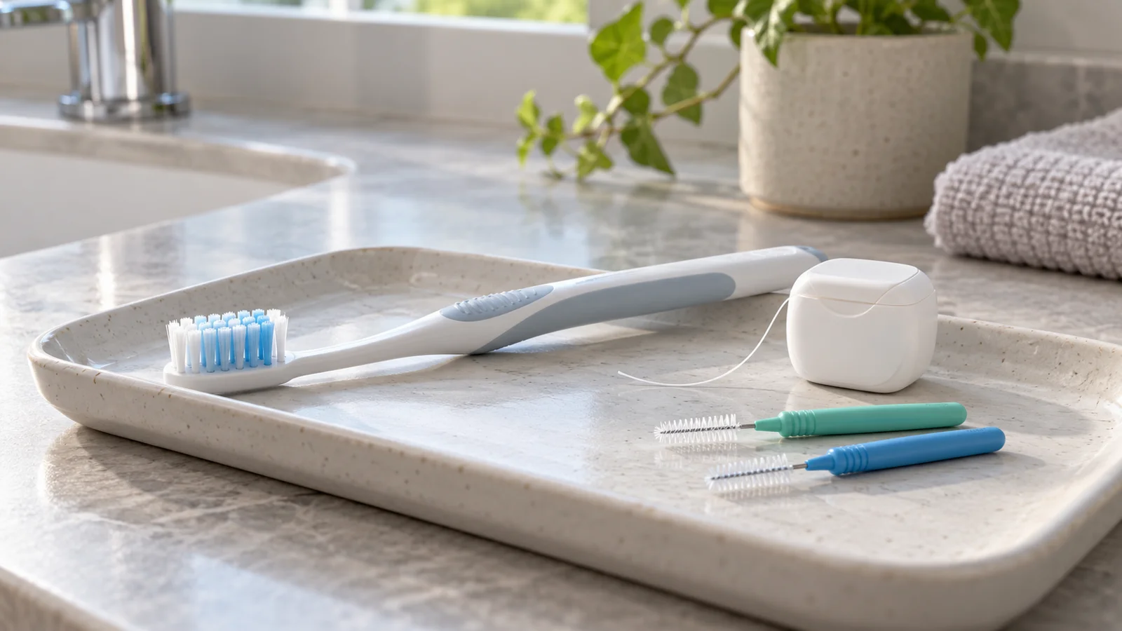 Zahnb&uuml;rste, Zahnseide und zwei kleine Interdentalb&uuml;rsten auf einer Ablage