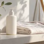 Unbeschrifteter Pumpspender neben weichen Textilien auf einem Badregal